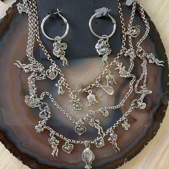 NWT cookie Lee silver cherub heart charm hoop earrings long necklace set lot 3 - Picture 1 of 7